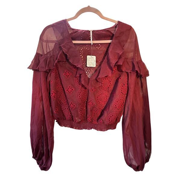 NWT Free people Life's A Party Blouse Wine‎ Red Burgundy Size XS Lace Sheer - Picture 2 of 13